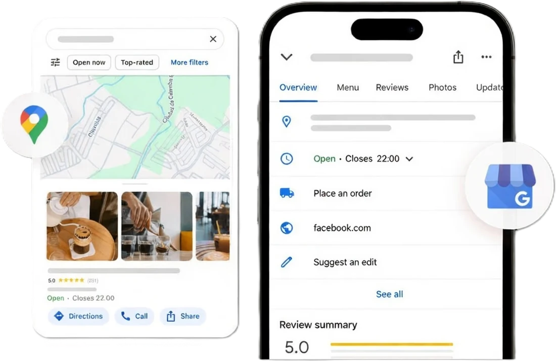 Ficha de empresa no Google Maps e perfil do negócio no telemóvel