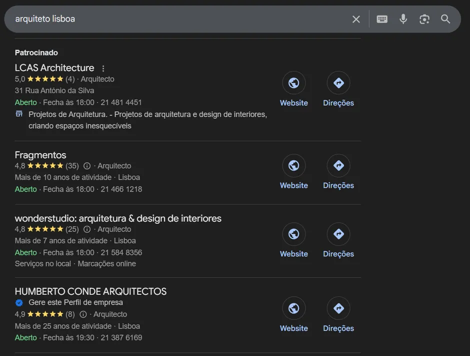 Resultados do Google para arquiteto Lisboa com o Humberto Conde Arquitectos em destaque